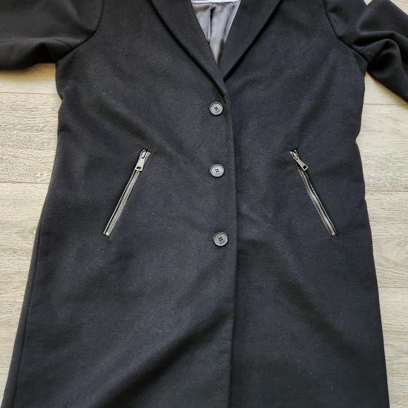 DKNY Black Wool Coat Womens Xl Long Zipper Pockets Button - Picture 3 of 14